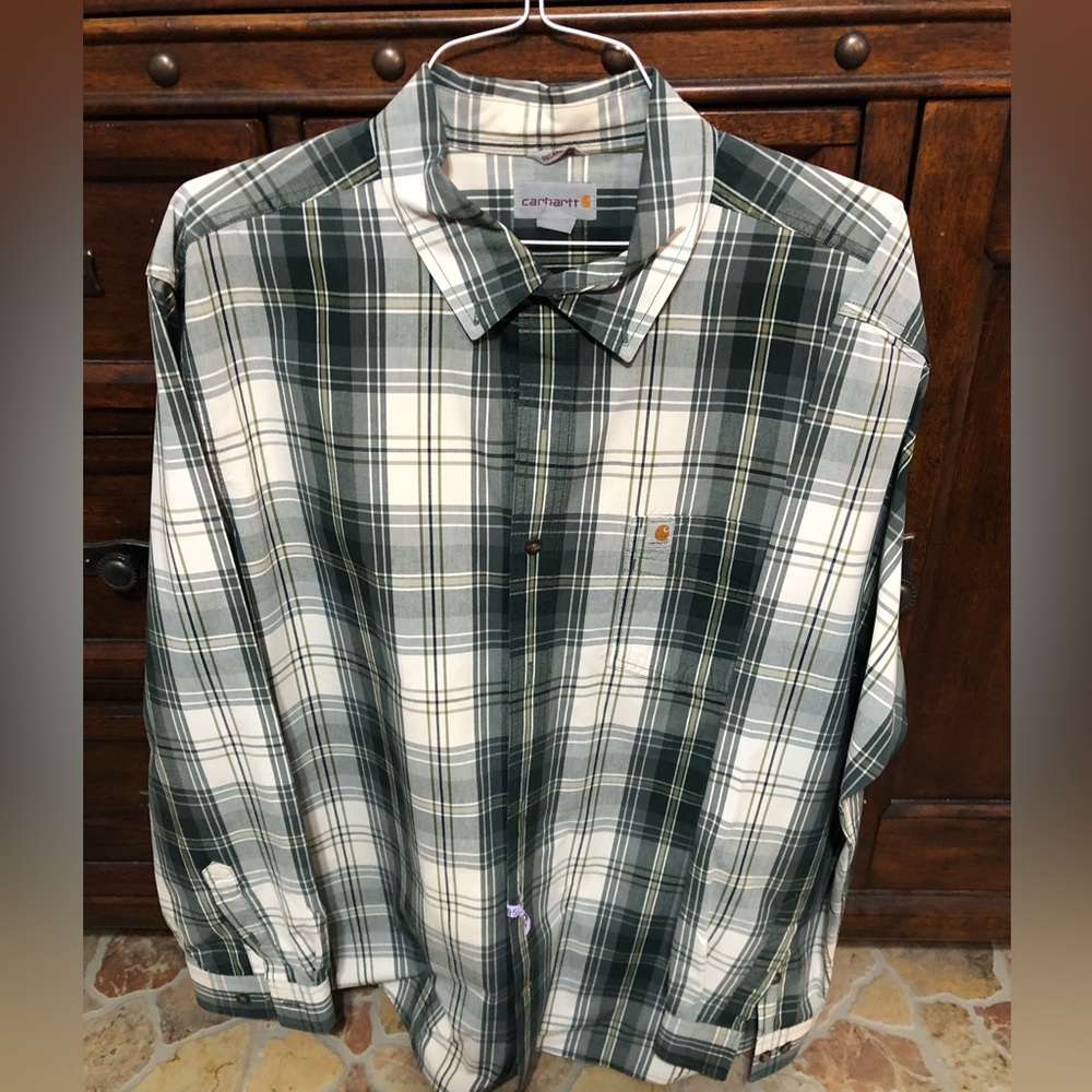 Carhartt men’s long sleeve relaxed fit shirt, size XXL, dark green,white pattern